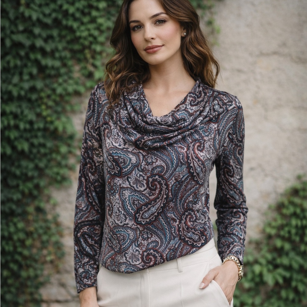 NWT LAVIA 18 Made in Italy Quiet Luxury Cowl Neck Paisley Blouse, S
